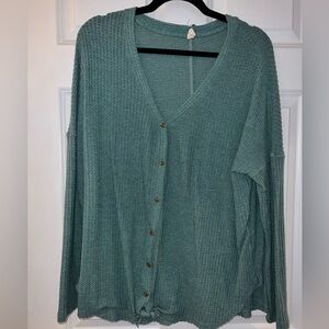 Wishlist Boutique Teal Tie Front Waffle Top